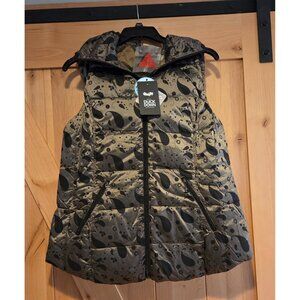 New! MY ANORAK Size L Quilted Down Hooded Vest Full Zip Mushroom Paisley w Bag